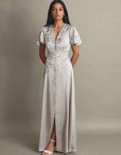 Mia Satin Embroidered Maxi Dress, Silver (SILVER), large