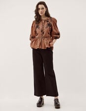 Freya Embroidered Puff Sleeve Top, Orange (PEACH), large