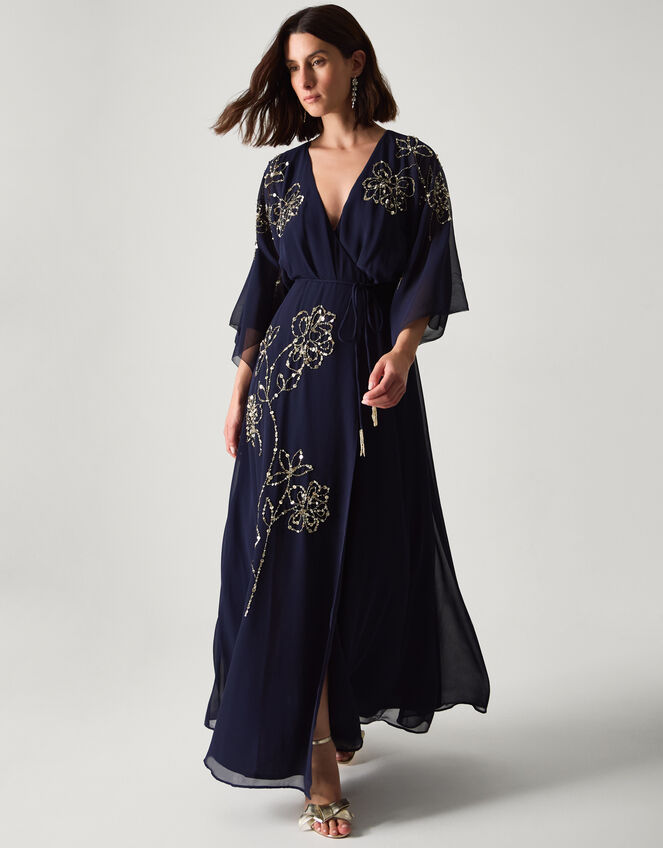 Skyla Floral Embellished Maxi Wrap Dress Blue