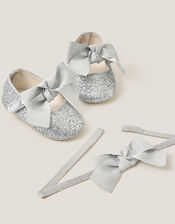 Baby Bow Glitter Headband & Booties Set, Silver (SILVER), large