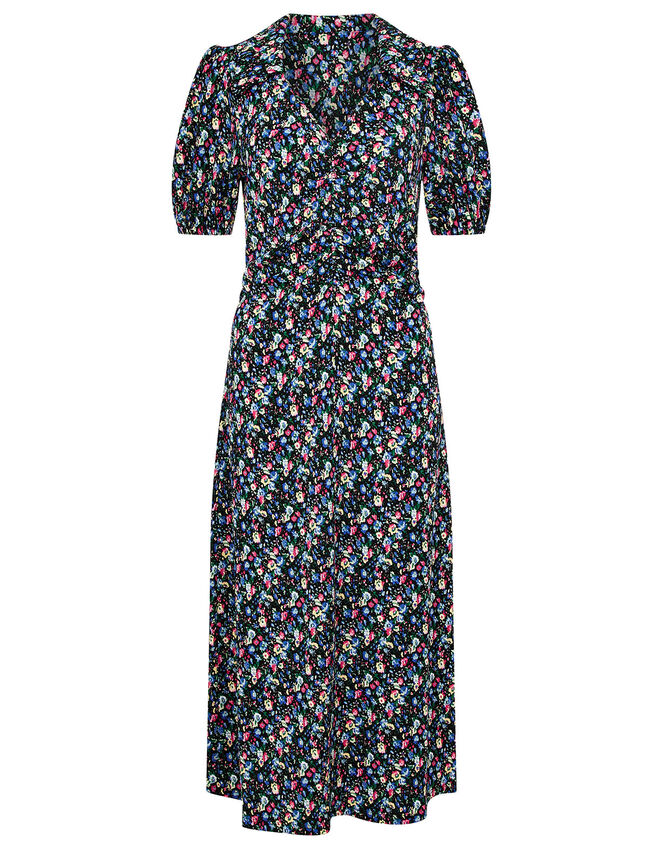 Floral Print Jersey Midi Dress, Black (BLACK), large