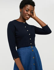 Mara Cropped Cardigan with Mock-Pearl Buttons, Blue (NAVY), large
