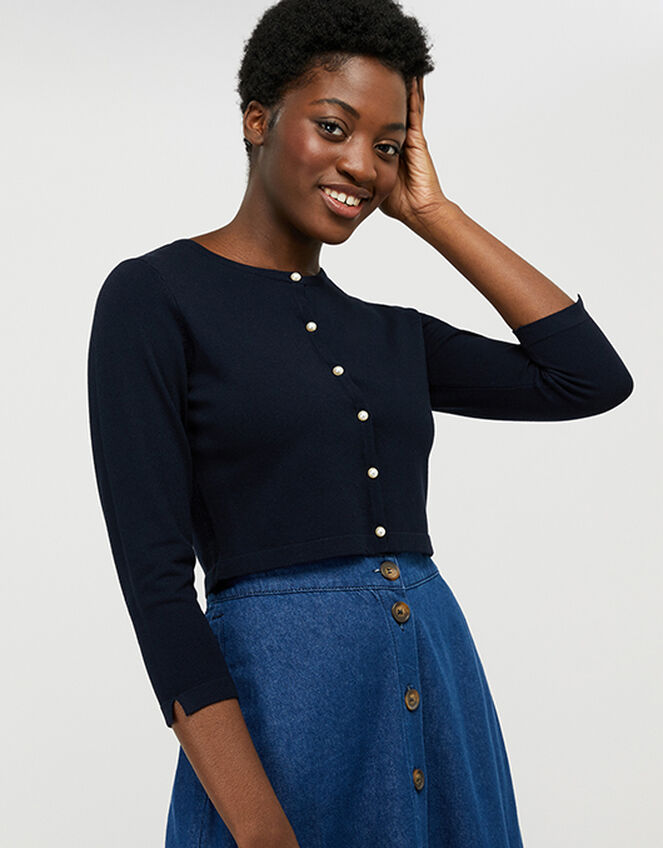 Mara Cropped Cardigan with Mock-Pearl Buttons, Blue (NAVY), large
