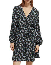 Scotch and Soda Elasticated Waist Floral Mini Dress, Black (BLACK), large