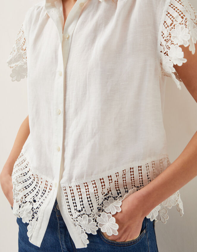 Lara Linen-Blend Short Sleeve Shirt, White (WHITE), large