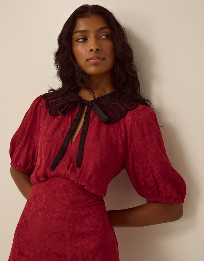 Tiana Collared Floral Jacquard Midi Dress, Red (BURGUNDY), large