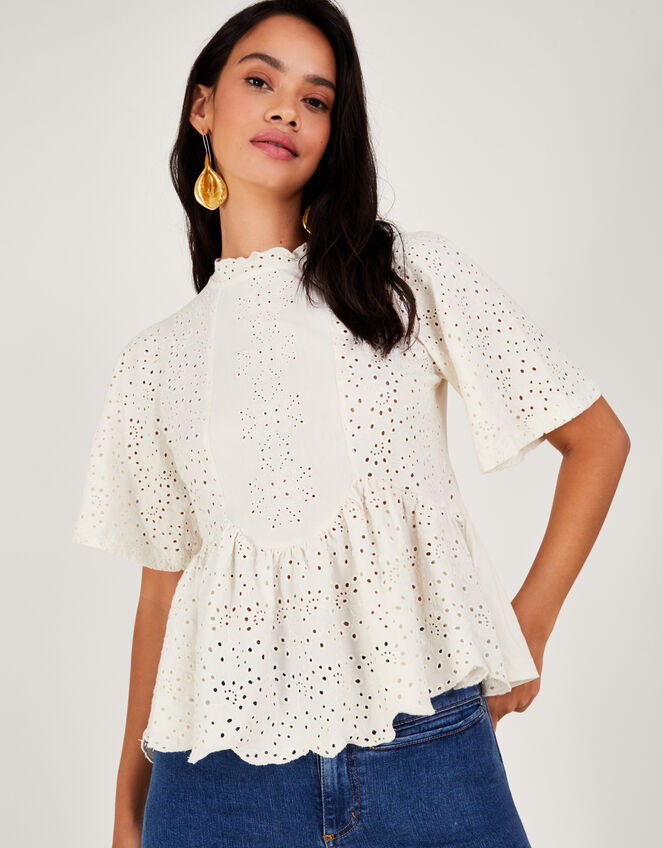 Short Sleeve Schiffli Detail Top, Ivory (IVORY), large