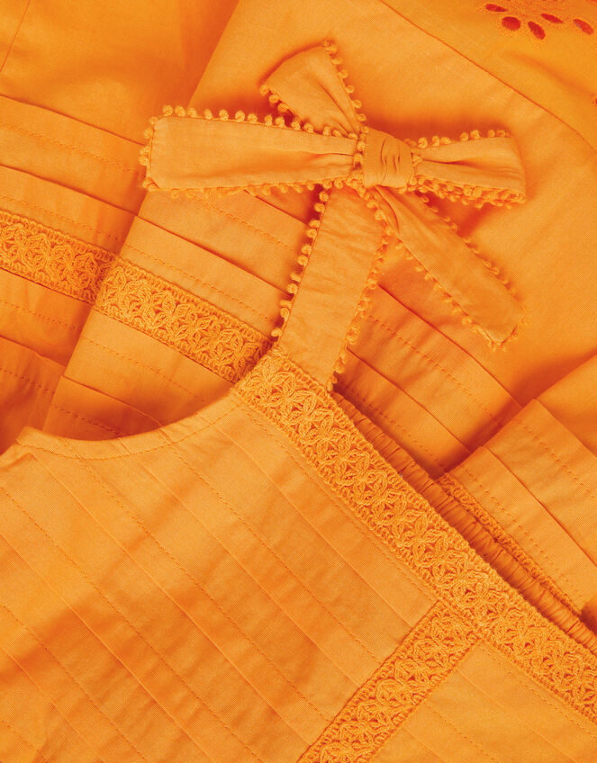 Broderie Pleated Cotton Dress, Orange (ORANGE), large