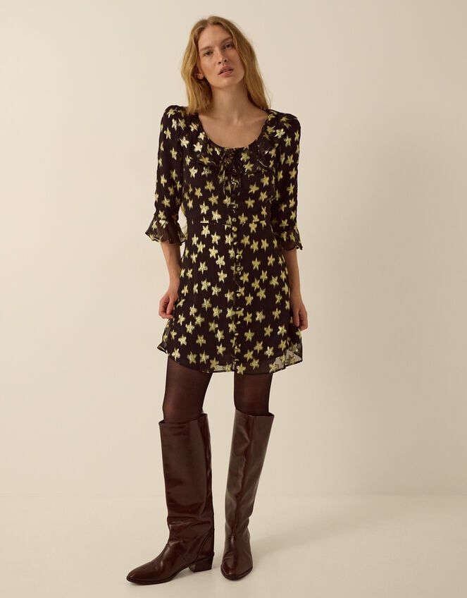 Monsoon x Queens of Archive Farrah Metallic Star Jacquard Mini Dress​, Black (BLACK), large