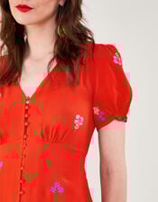 Ollie Embroidered Tea Dress in Sustainable Viscose, Orange (ORANGE), large