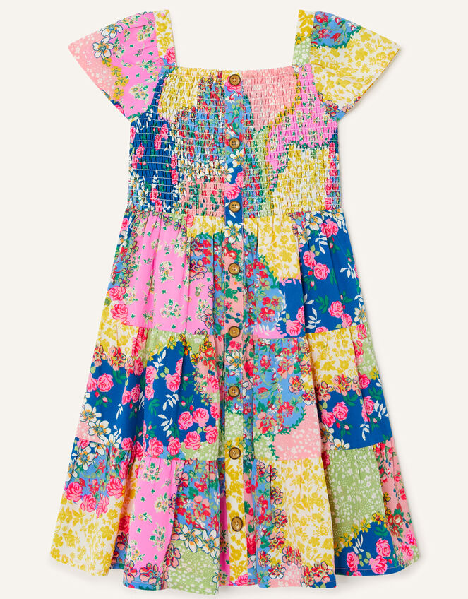 Patchwork Button-Through Shirred Dress , Blue (BLUE), large