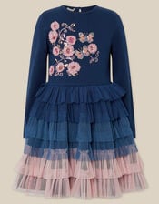 Floral Embellished Long Sleeve Disco Dress, Blue (NAVY), large