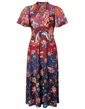 Laura Printed Satin Midi Tea Dress, Blue (NAVY), large