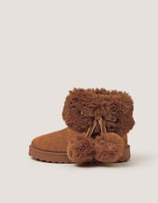 Fluffy Pom Ankle Boots, Brown (BROWN), large
