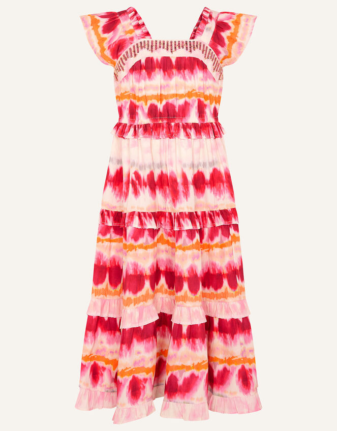 Tie Dye Tiered Dress in Recycled Polyester, Pink (PINK), large