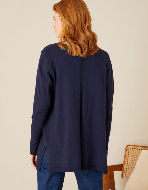 Plain Midi Cardigan with Button Detail Pockets, Blue (NAVY), large