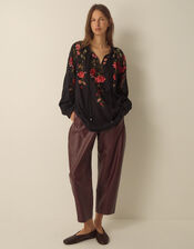 Camille V-Neck Floral Print Blouse, Black (BLACK), large