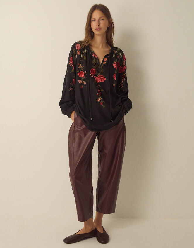 Camille V-Neck Floral Print Blouse, Black (BLACK), large