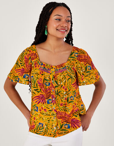 Floral and Palm Print Short Sleeve Top in LENZING™ ECOVERO™, Yellow (YELLOW), large