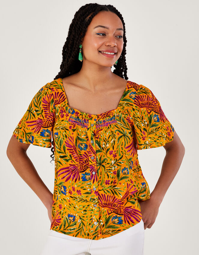 Short Sleeve Tropical Print Top, Yellow (YELLOW), large