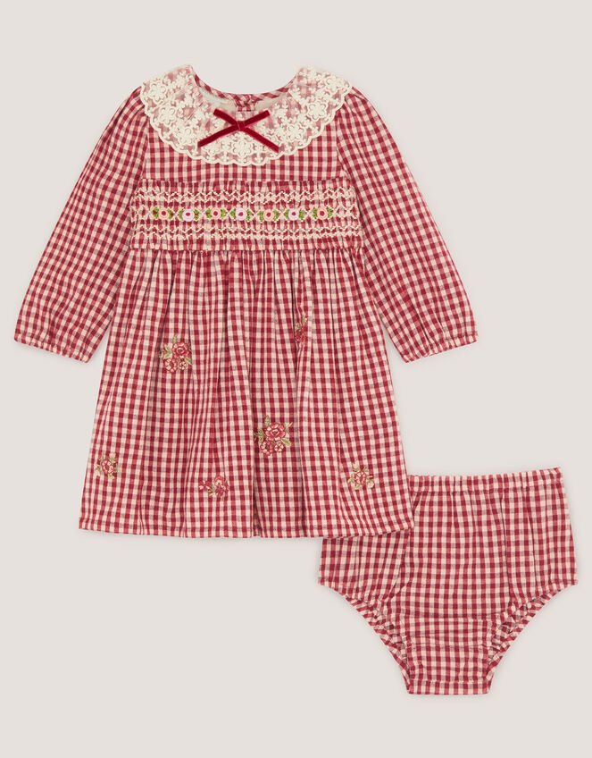 Baby Embroidered Gingham Dress & Knickers Set, Red (BURGUNDY), large