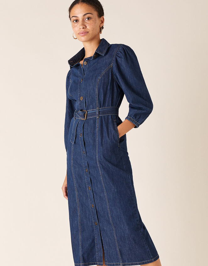 Belted Denim Midi Dress in Organic Cotton, Blue (DENIM BLUE), large