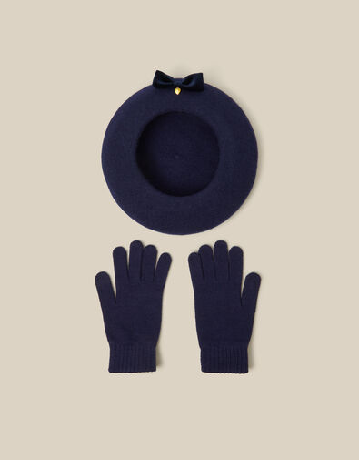 Velvet Bow Wool Beret & Gloves Set, Blue (NAVY), large