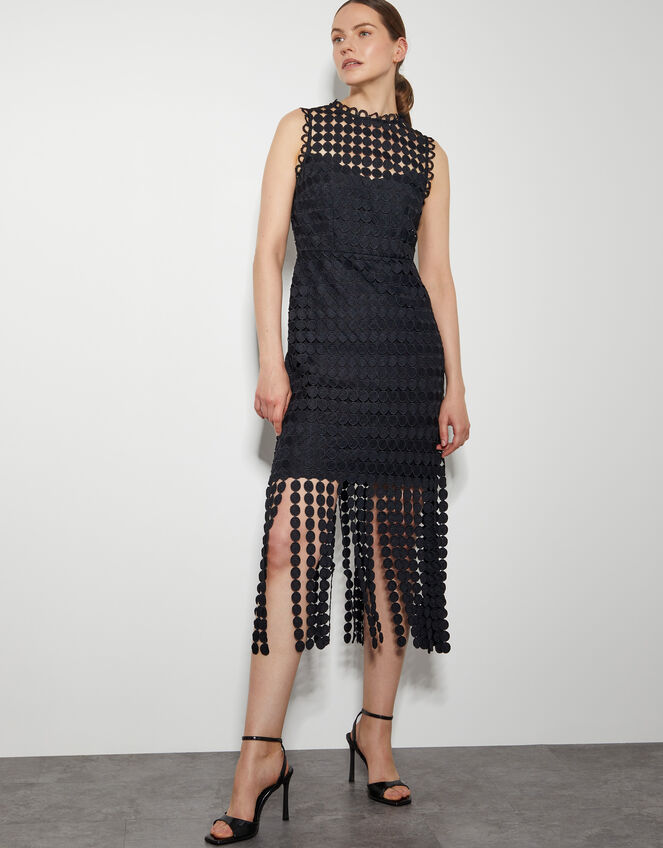 Dixie Embroidered Overlay Tassel Dress, Black (BLACK), large