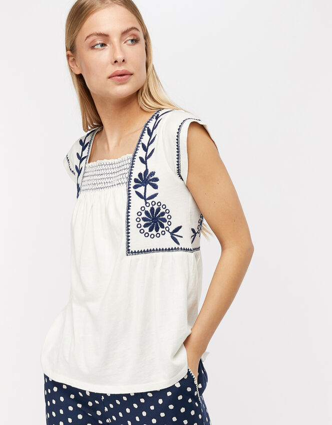 Ester Embroidered Square Neck Top, Ivory (IVORY), large