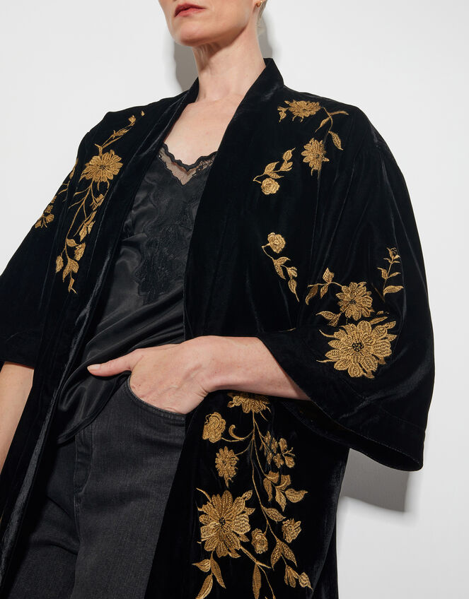 Kendra Embroidered Floral Velvet Kimono, Black (BLACK), large