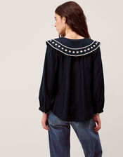 Lola Embroidered Sailor Collar Top, Blue (NAVY), large