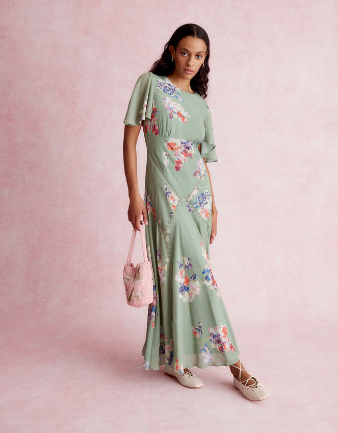Amber Flutter Floral Print Maxi Dress Green