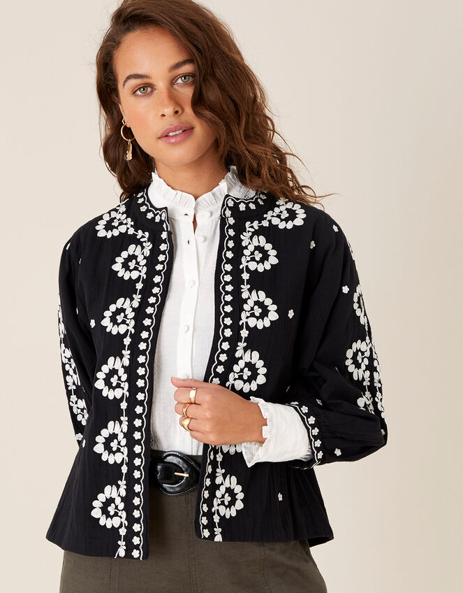 Floral Embroidered Jacket in Organic Cotton, Black (BLACK), large