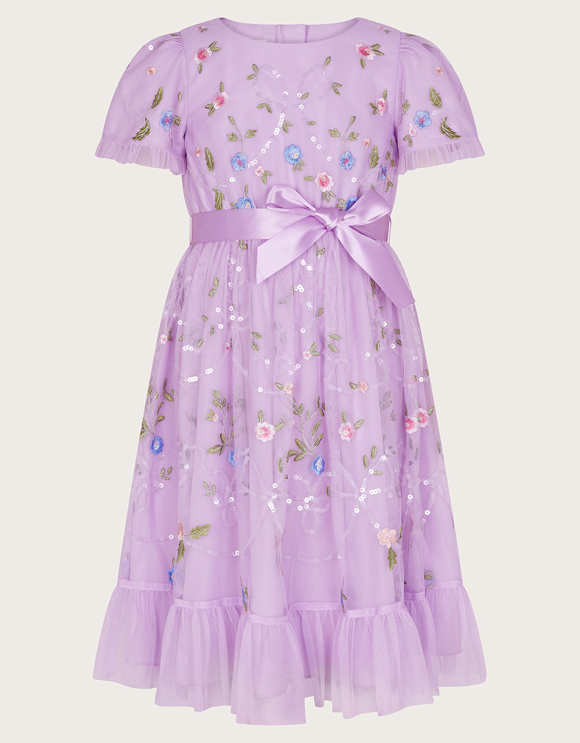 18385 Purple Detachable Sleeve Embroidered Floral Tulle Dress