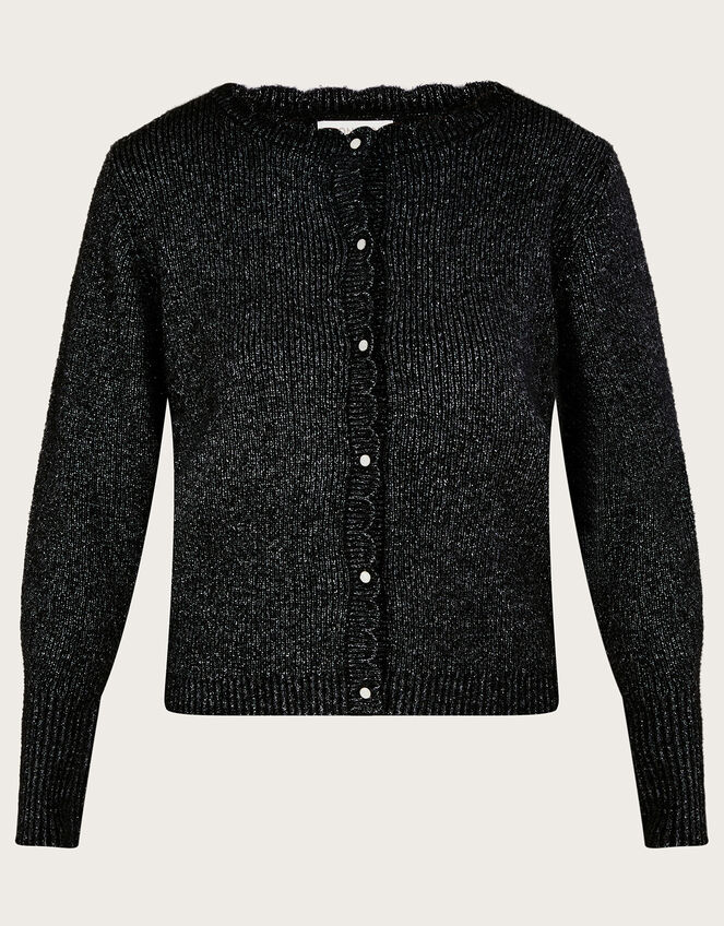 Scallop Edge Cardigan with Recycled Polyester, Black (BLACK), large