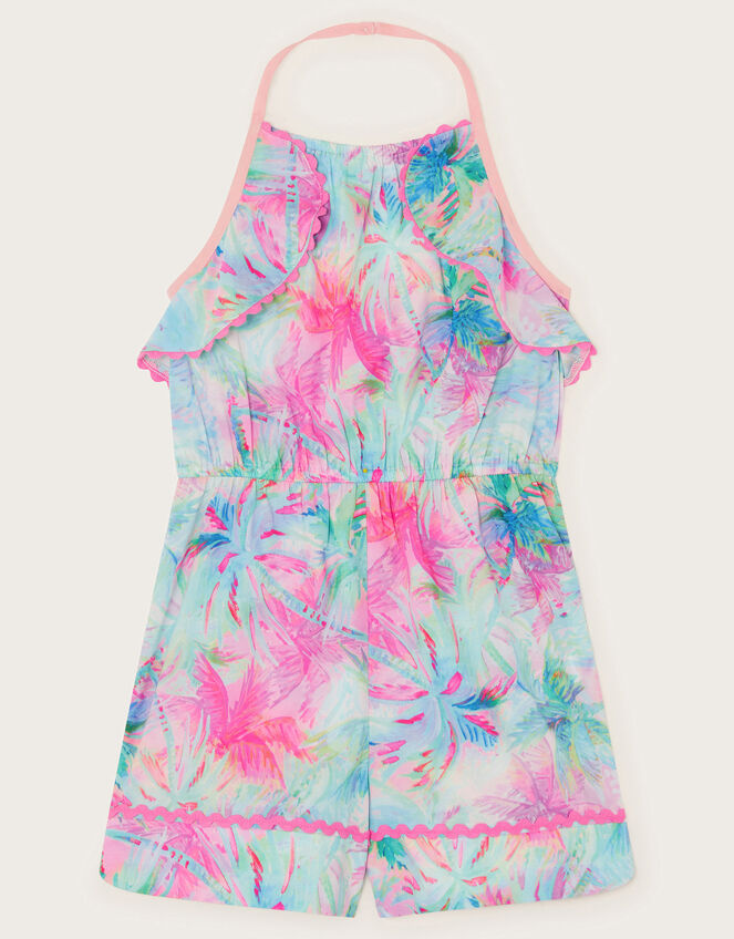 Frill Palm Print Halter Playsuit, Blue (TURQUOISE), large