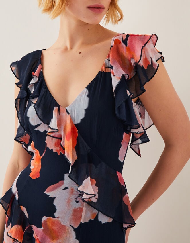 Carrie Floral Ruffle Chiffon Maxi Dress, Black (BLACK), large