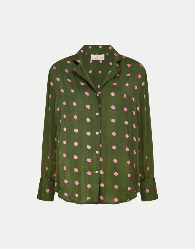East Polka Dot Satin Shirt, Green (GREEN), large