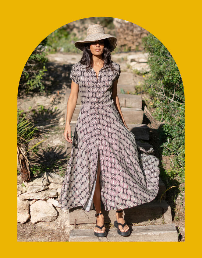 Lyrical Sisters Printed Maxi Shirt Dress, Black (BLACK), large