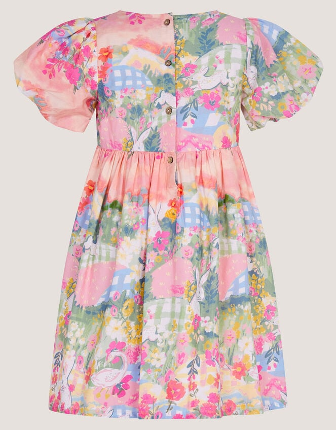 Bunny Scene Puff Sleeve Dress, Yellow (YELLOW), large