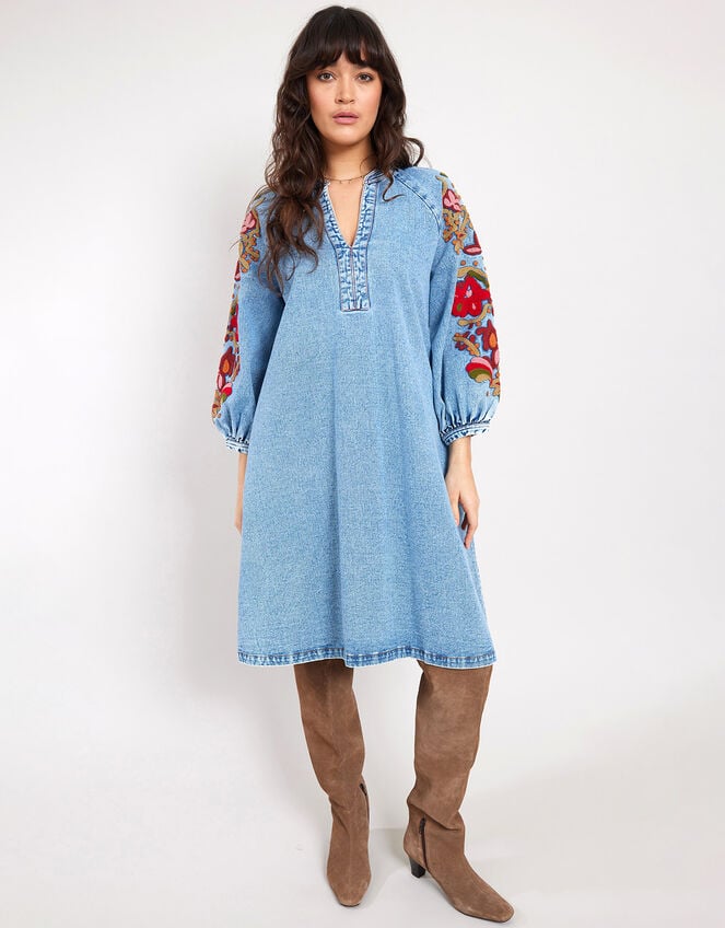 East Embroidered Denim Dress, Blue (BLUE), large