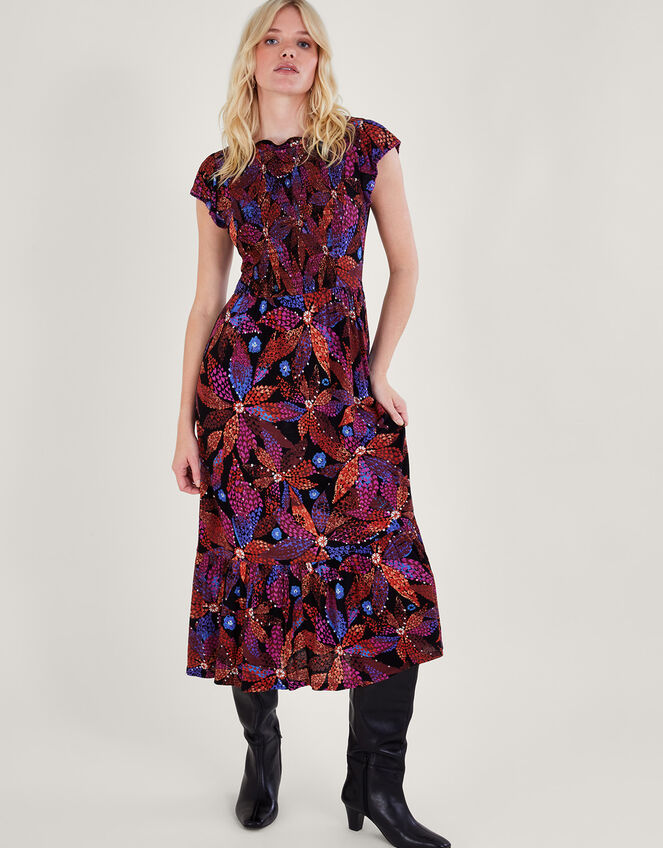 Shirred Floral Dress in LENZING™ ECOVERO™, Black (BLACK), large