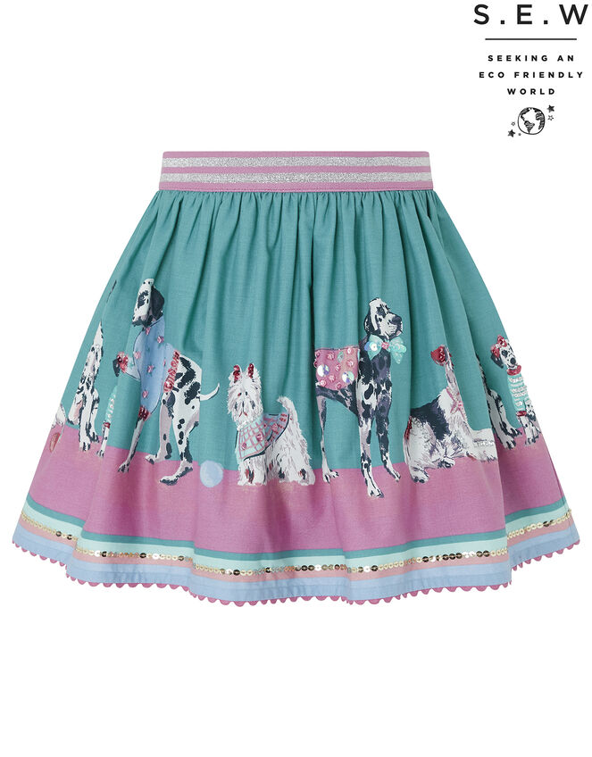 Nessie Dog Border Print Skirt in Organic Cotton, Green (GREEN), large