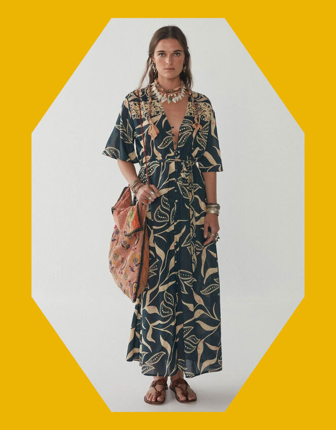 Maison Hotel Print Tie Maxi Dress, Blue (NAVY), large