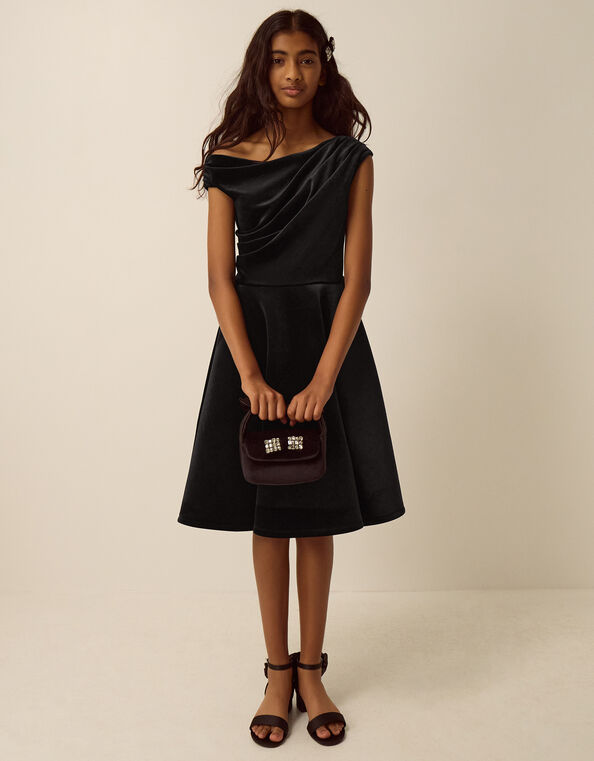 One-Shoulder Velvet Skater Dress, Black (BLACK), large