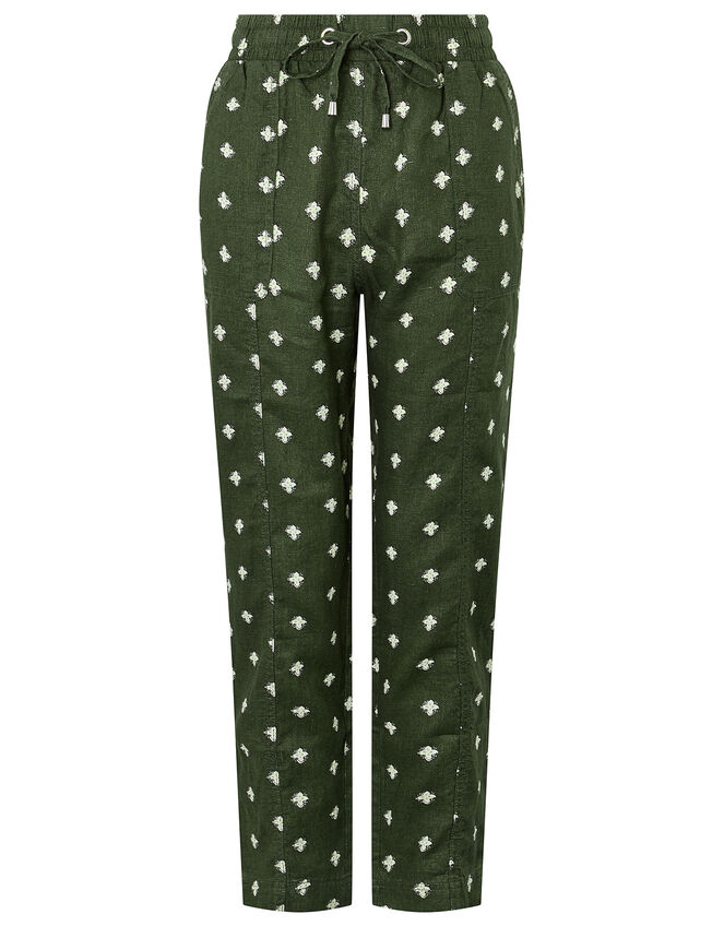 Francine Floral Joggers in Pure Linen, Green (KHAKI), large