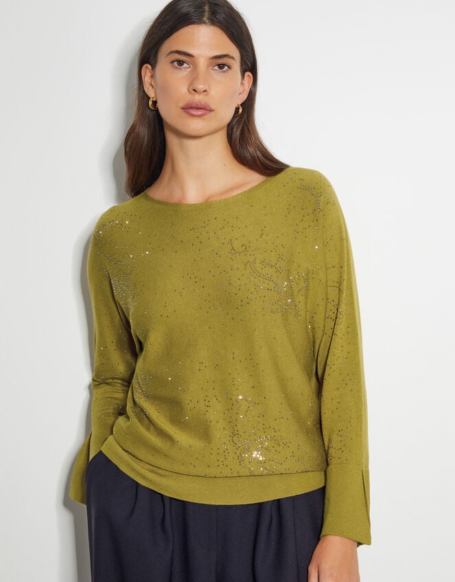 Hope Sparkle Stud Raglan Jumper, Green (OLIVE), large