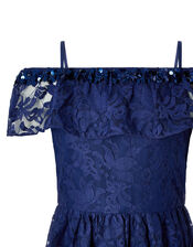 Lucy Sequin Lace Bardot Dress, Blue (NAVY), large