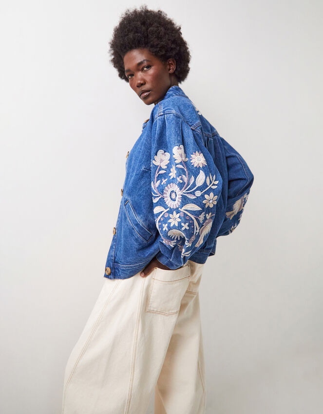 East Floral Embroidered Denim Jacket, Blue (BLUE), large