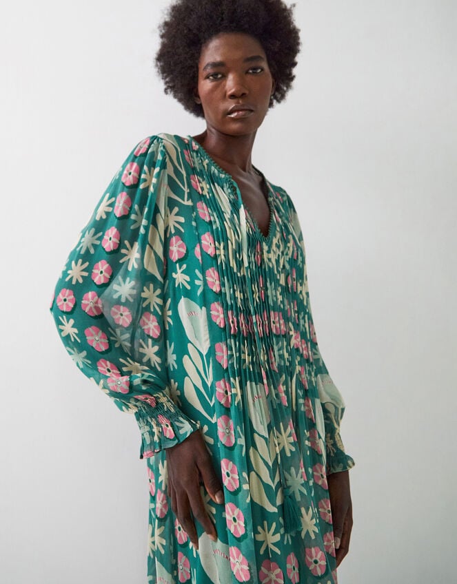 East Charlize Printed Pintuck Midi Dress, Green (GREEN), large